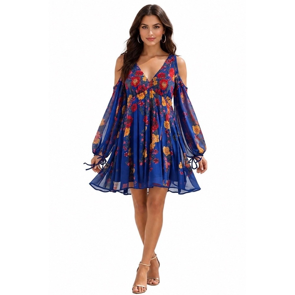 Free People Penny Lover Mini Dress Blue Floral Open Back Boho Size M